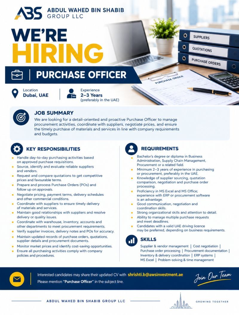 Purchase Officer job at Abdul Wahed Bin Shabib Group LLC in Dubai, UAE