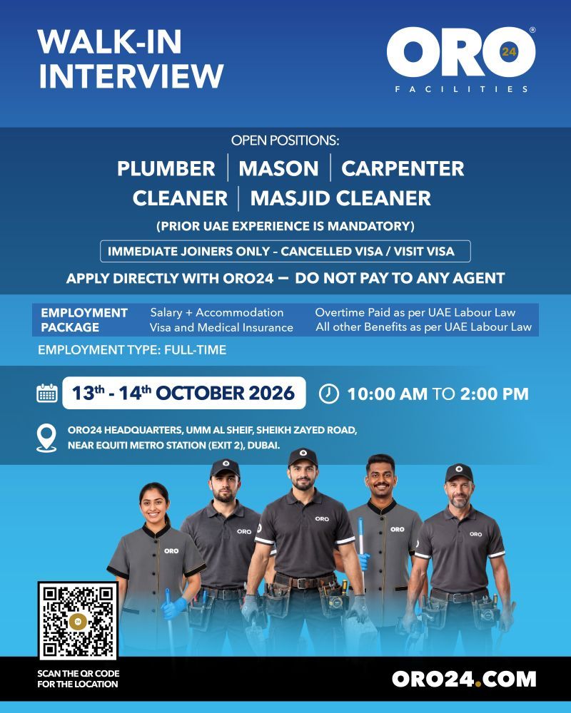 Recruitment poster for ORO24 Trades & Cleaning Walk-In Dubai | 13–14 Oct 2026