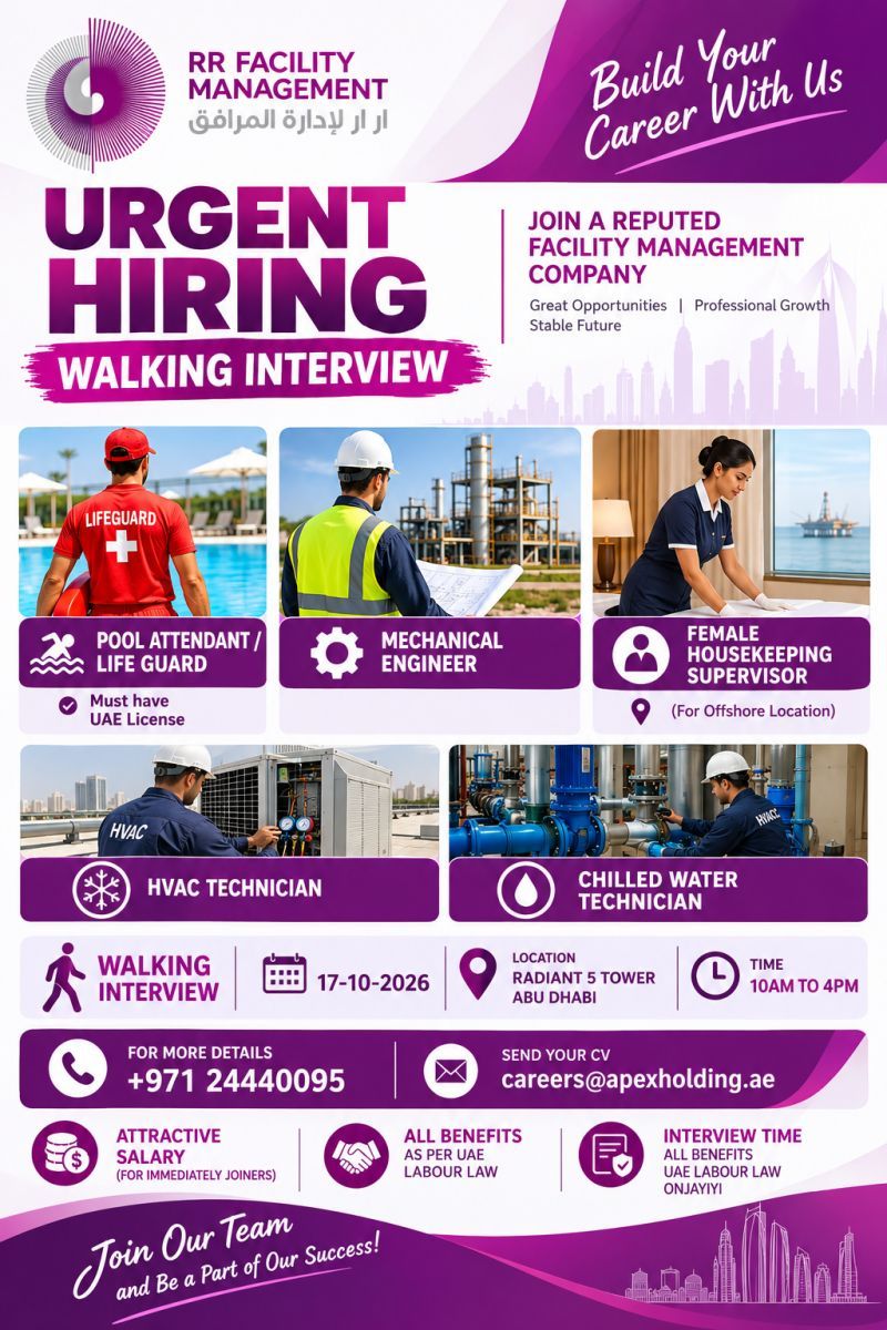 Recruitment poster for RR Facilities Walk-In Abu Dhabi | 17 October 2026 Jobs