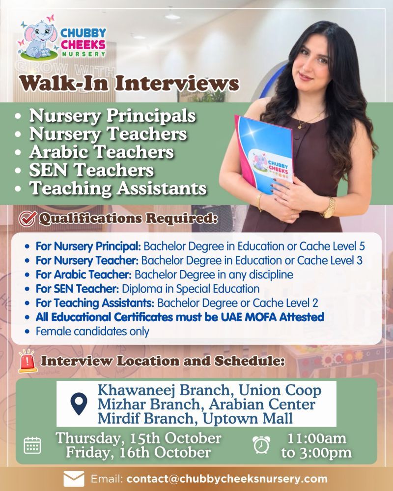 Recruitment poster for Chubby Cheeks Nursery Walk-In Dubai | 15–16 Oct 2026