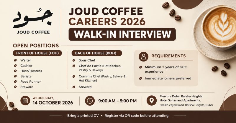 Hotel and Restaurant Staff walk-in interview at Joud Coffee in Dubai