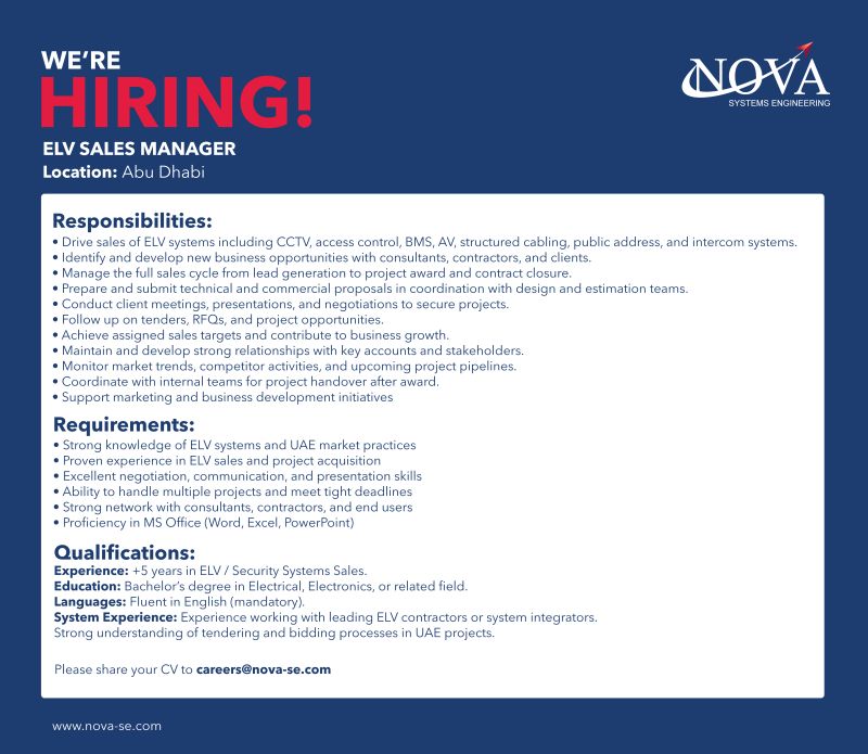 ELV Sales Manager job at Nova Systems Engineering in Abu Dhabi