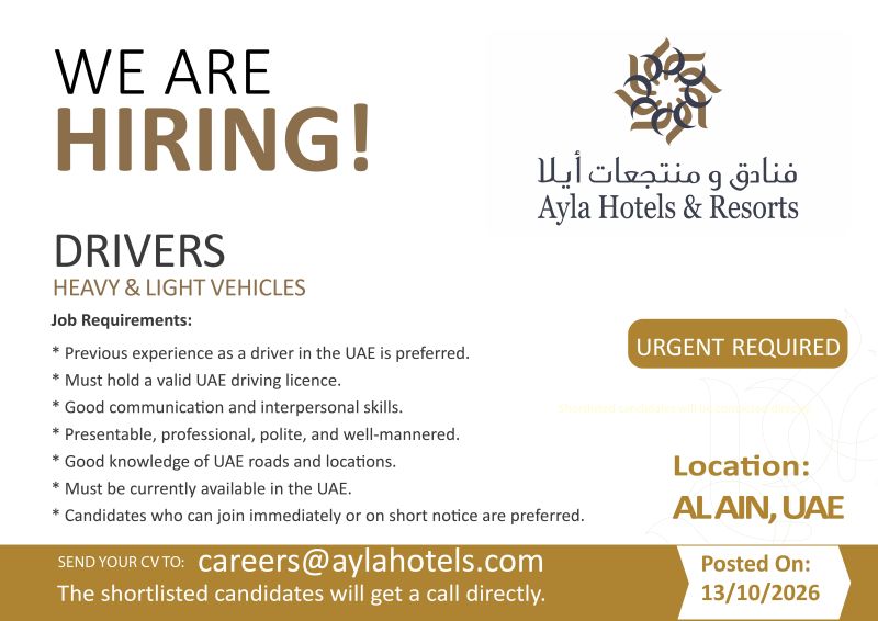 Driver job at Ayla Hotels & Resorts in Al Ain