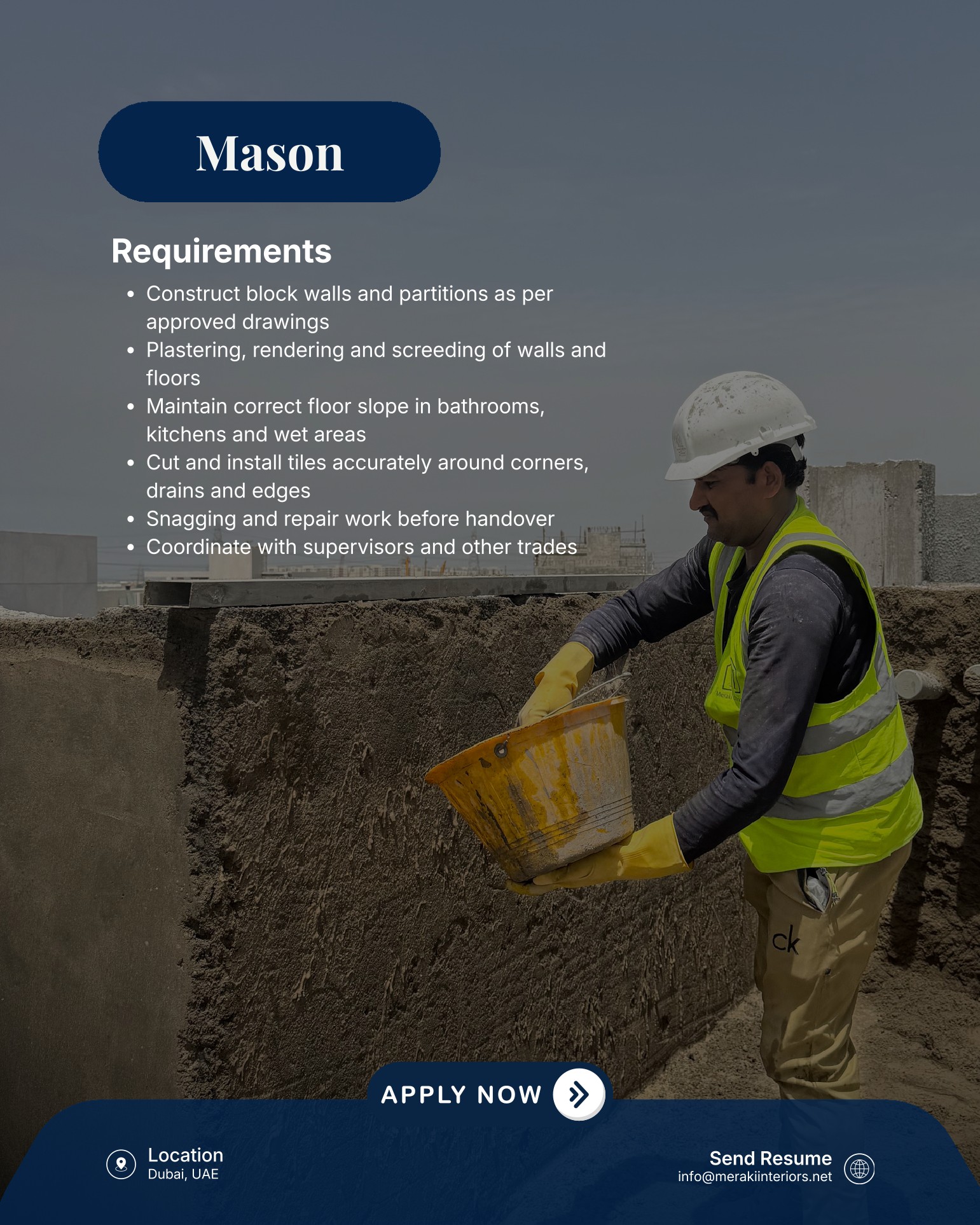 Mason job at Meraki Interiors in Dubai