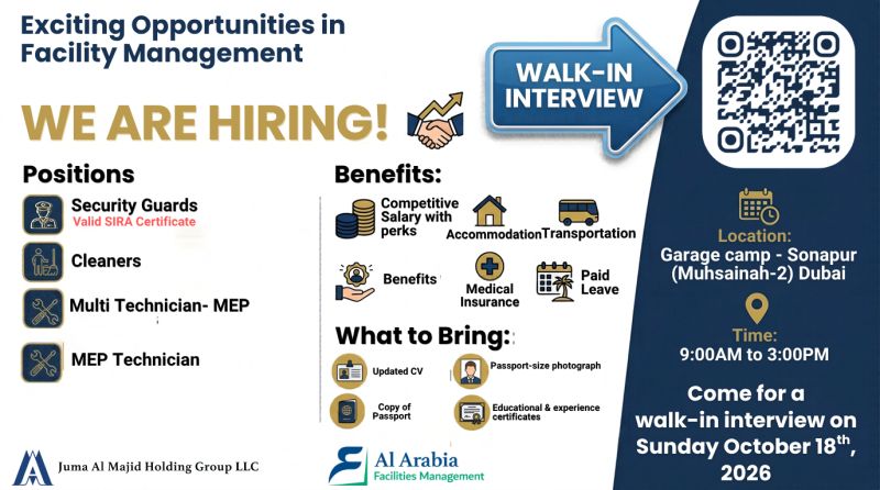 Facility Management Staff walk-in interview at Al Arabia Facilities Management in Dubai