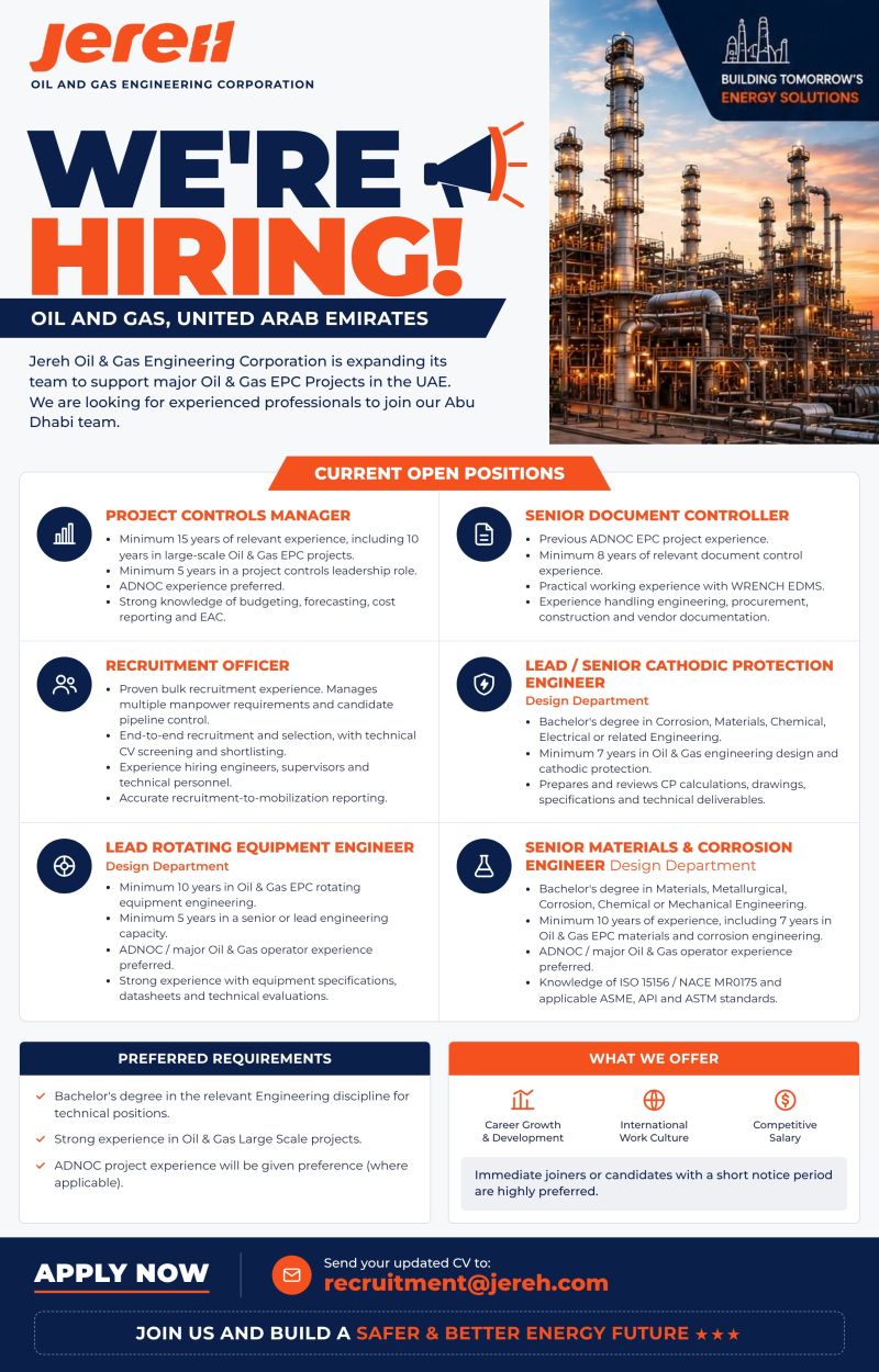 Engineering and Management Roles job at Jereh Oil & Gas Engineering Corporation in Abu Dhabi