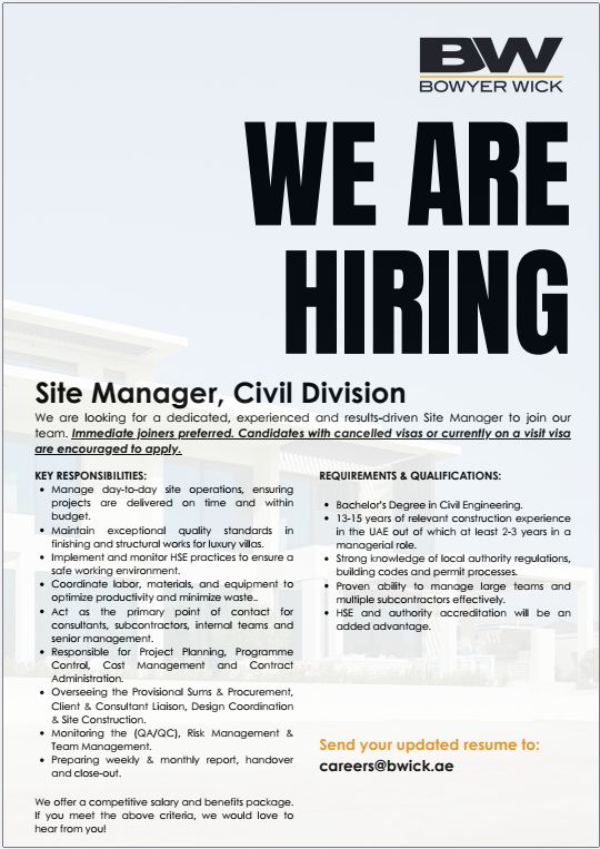 Site Manager job at Bowyer Wick in UAE