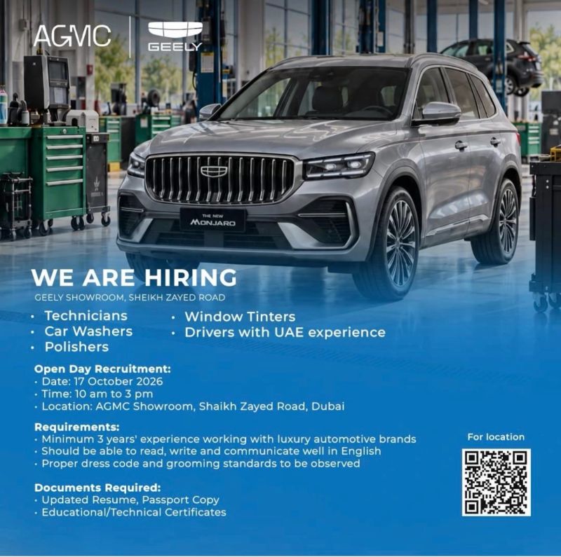 Automotive Technicians and Drivers walk-in interview at AGMC - Geely in Dubai, UAE