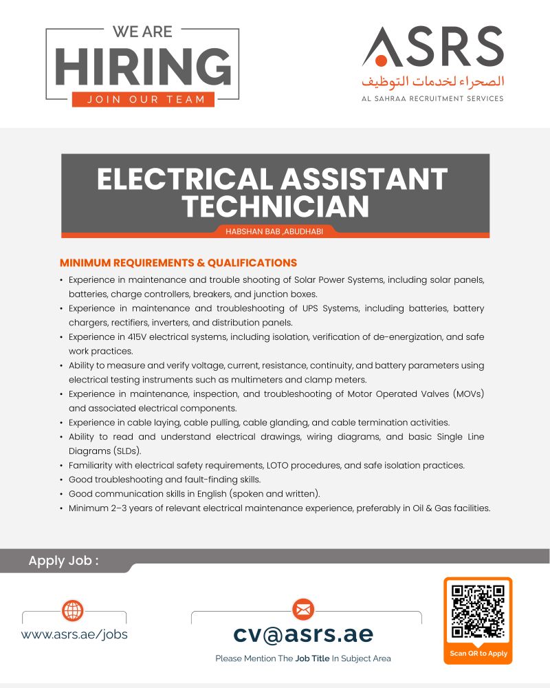 Electrical Assistant Technician job at Al Sahraa Recruitment Services in Habshan Bab, Abu Dhabi