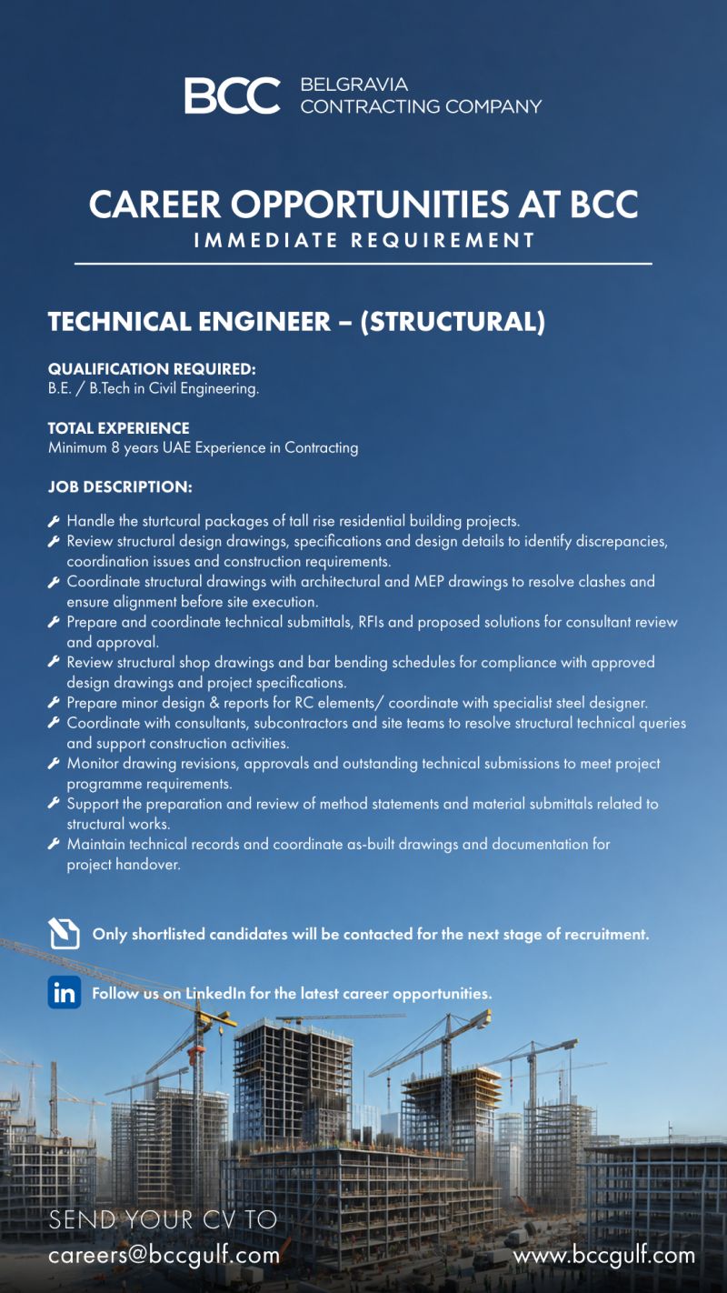 Technical Engineer Structural job at Belgravia Contracting Company (BCC) in UAE