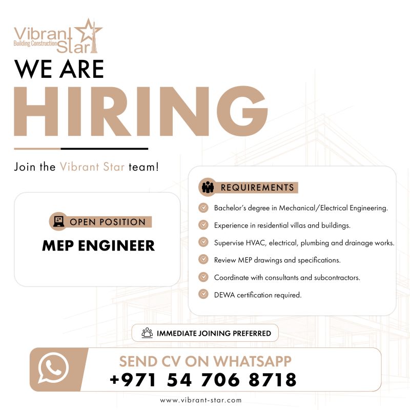 MEP Engineer job at Vibrant Star in UAE