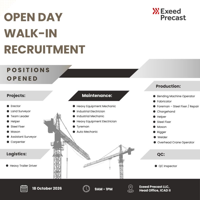 Multiple Positions walk-in interview at Exceed Precast LLC in ICAD II, Abu Dhabi