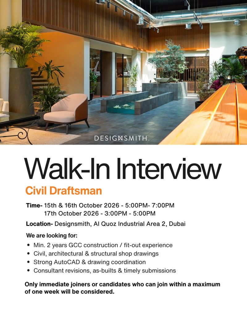 Civil Draftsman walk-in interview at Designsmith in Dubai