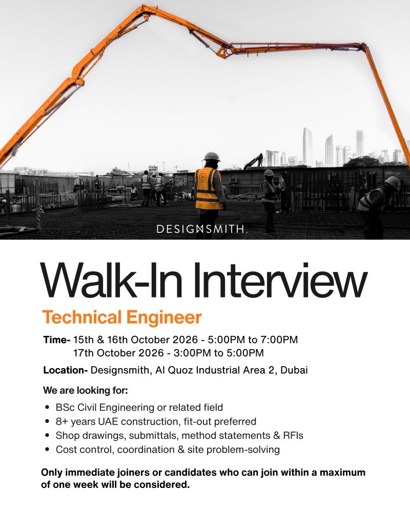 Technical Engineer walk-in interview at Designsmith in Dubai