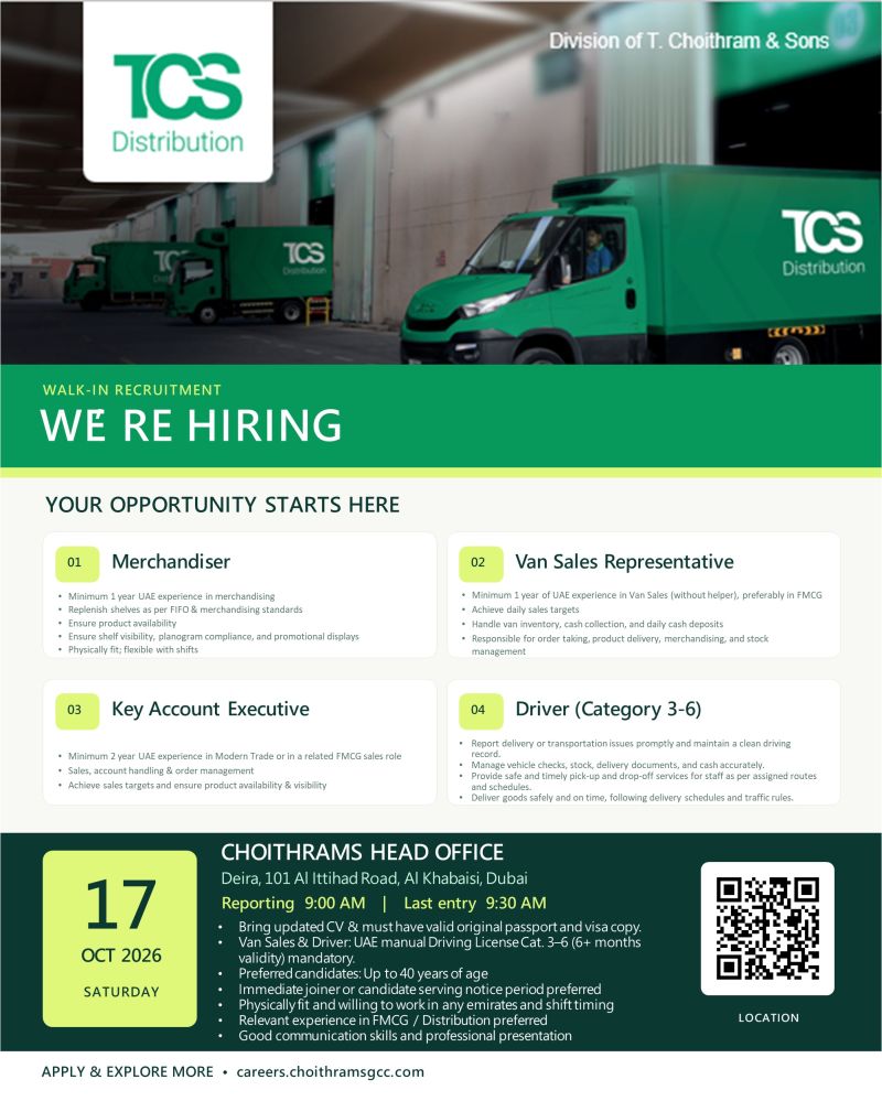 Merchandiser walk-in interview at TCS Distribution in Dubai