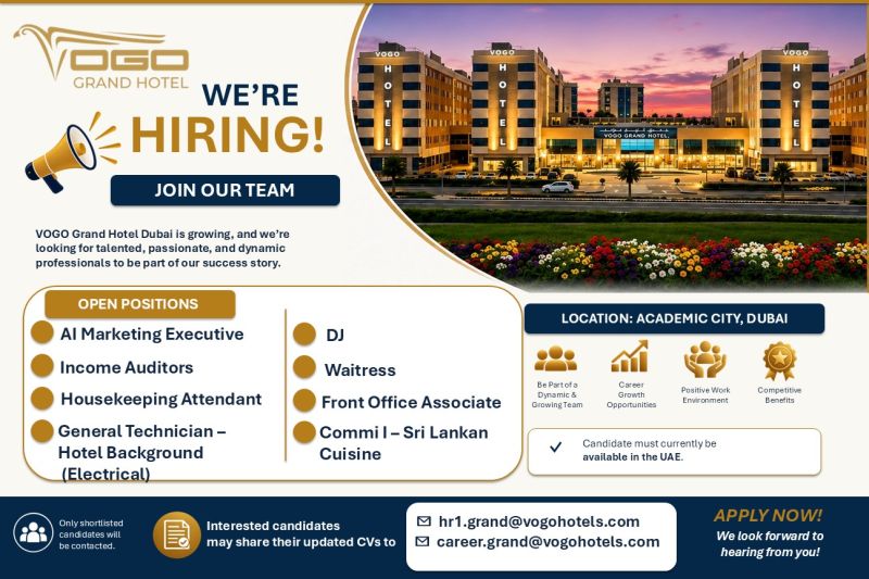 Hospitality Staff job at Vogo Grand Hotel in Academic City, Dubai