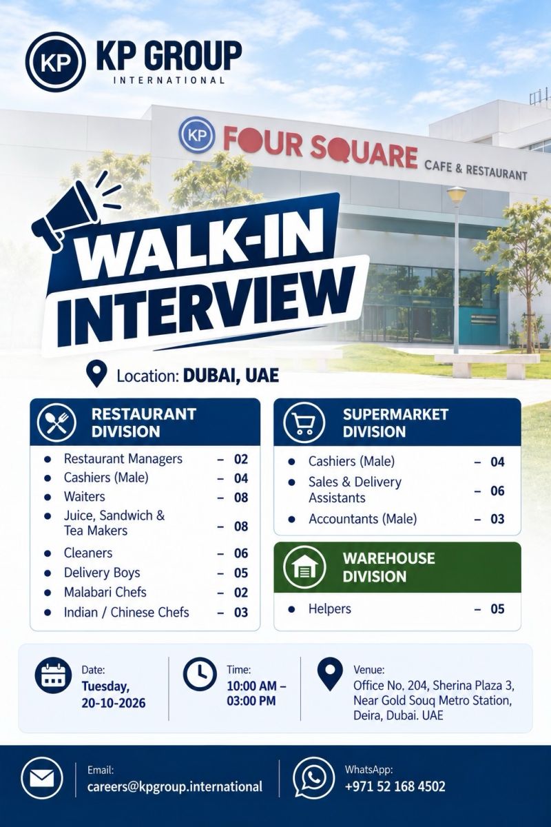 Multiple Vacancies walk-in interview at KP Group International in Dubai
