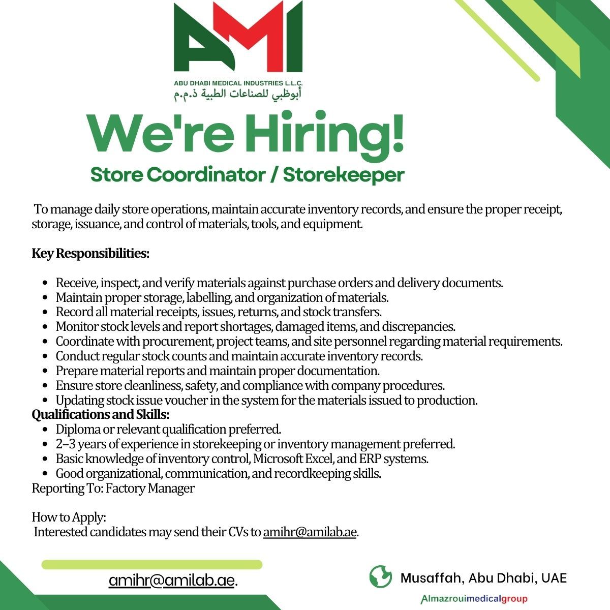 Store Coordinator / Storekeeper job at Abu Dhabi Medical Industries L.L.C. in Musaffah, Abu Dhabi