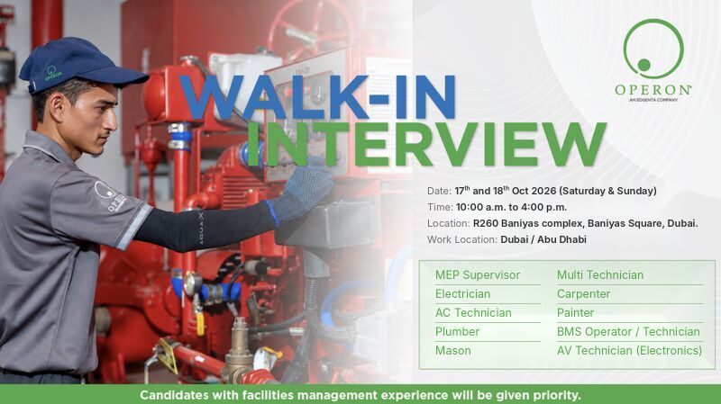 Recruitment poster for Operon Technical Walk-In Dubai | 17–18 October 2026