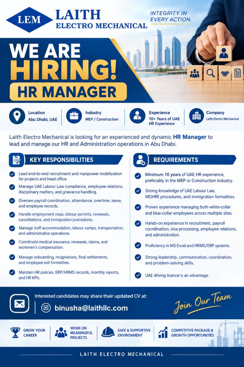 HR Manager job at Laith Electro Mechanical in Abu Dhabi