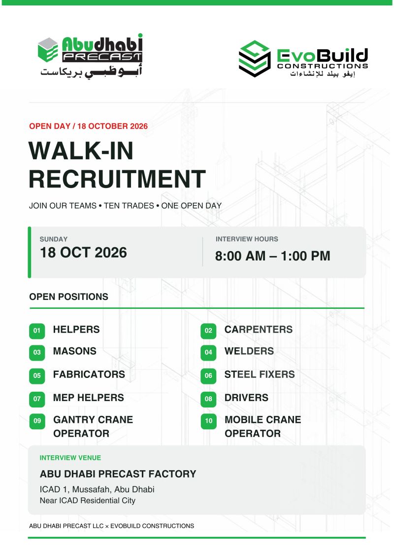 Multiple Construction Trades walk-in interview at Abu Dhabi Precast LLC x Evobuild Constructions in Abu Dhabi