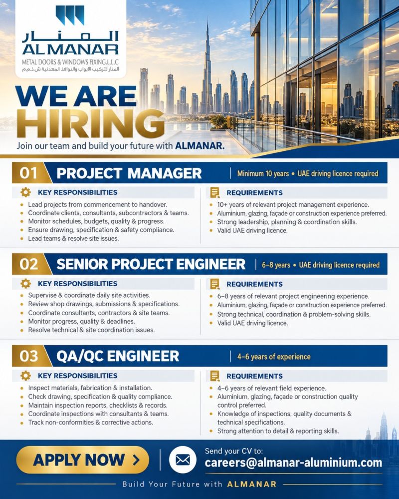 Project Manager job at Almanar Metal Doors & Windows Fixing L.L.C in UAE