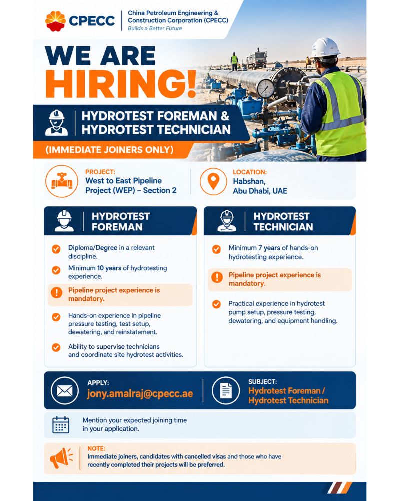 Hydrotest Foreman job at China Petroleum Engineering & Construction Corporation (CPECC) in Abu Dhabi
