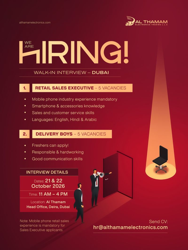 Retail Sales Executive walk-in interview at Al Thamam Electronics Trading L.L.C in Dubai