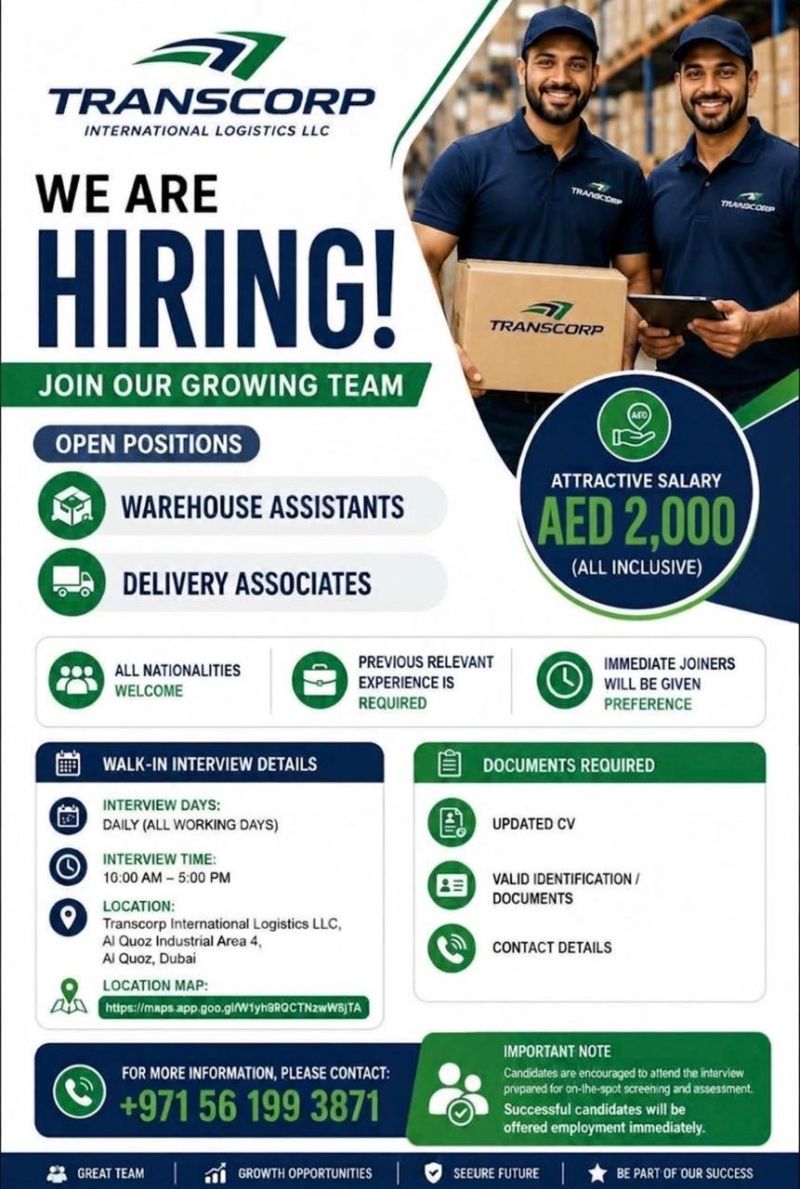Warehouse Assistant walk-in interview at Transcorp International Logistics LLC in Dubai