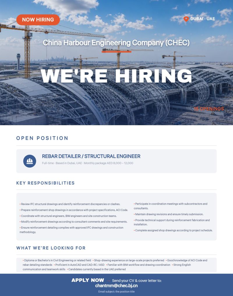 Rebar Detailer / Structural Engineer job at China Harbour Engineering Company (CHEC) in Dubai