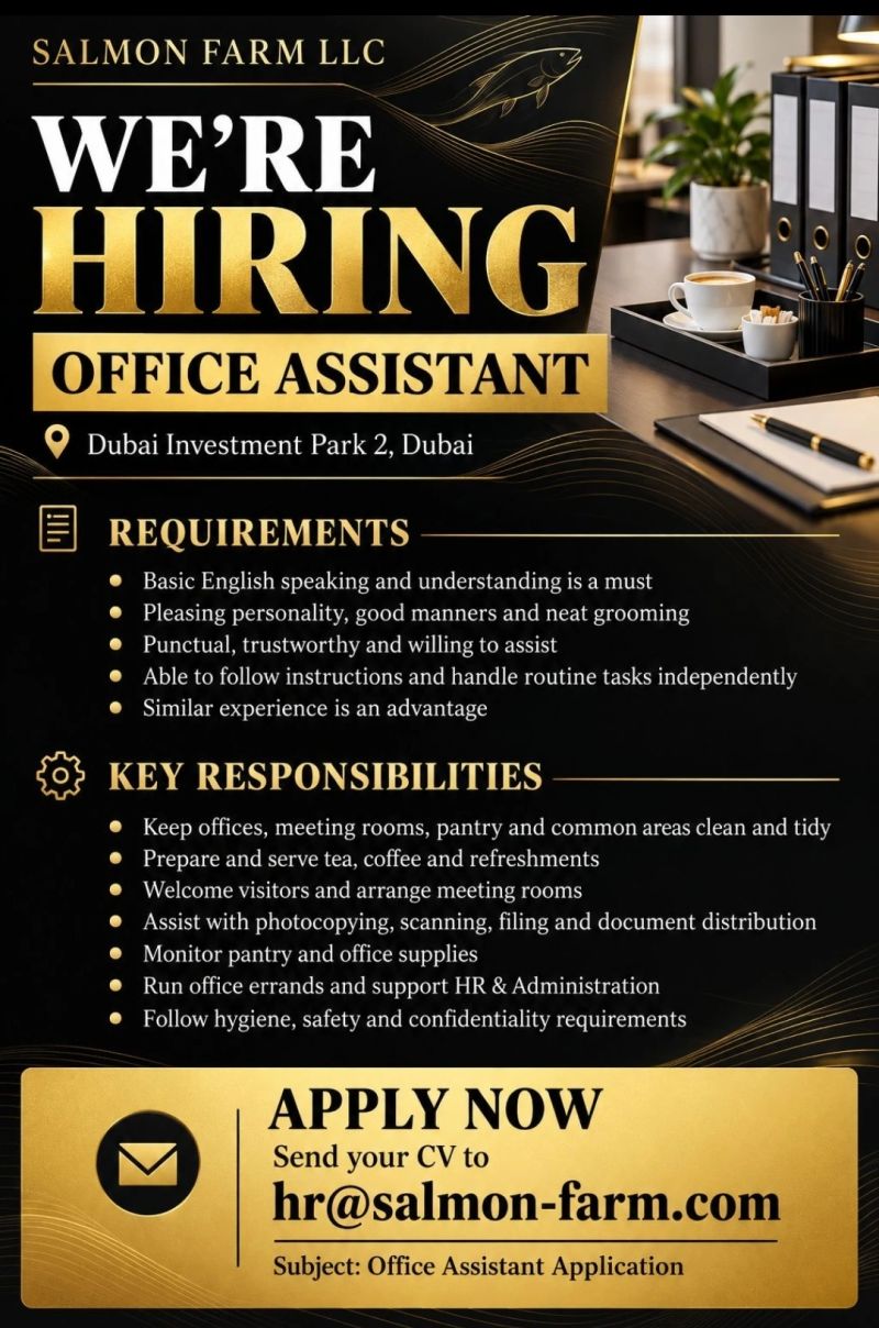 Office Assistant job at Salmon Farm LLC in Dubai