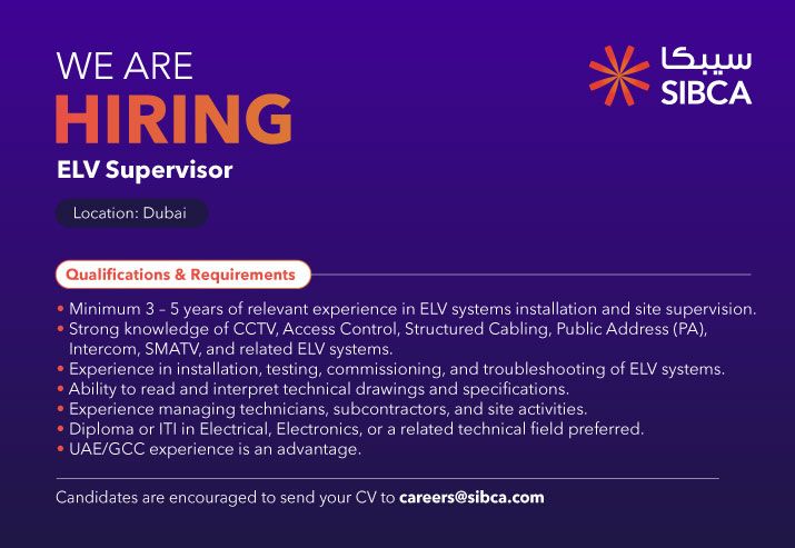 ELV Supervisor job at SIBECA in Dubai