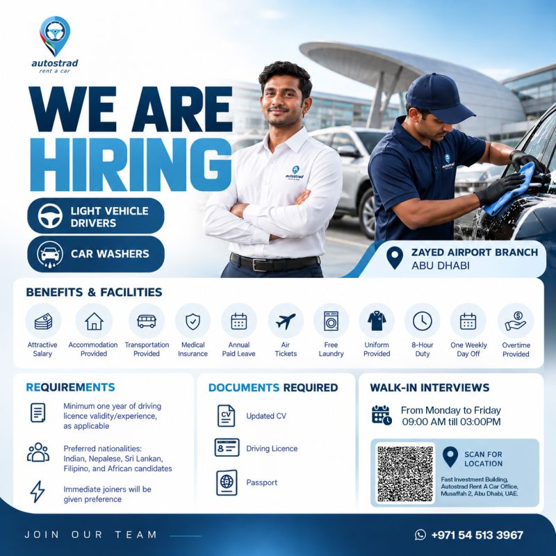 Light Vehicle Driver and Car Washer walk-in interview at Autostrad Rent A Car in Abu Dhabi