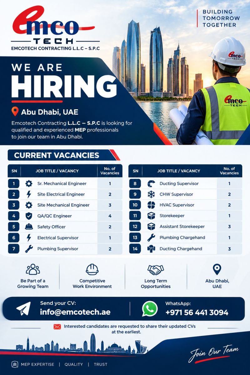 Sr. Mechanical Engineer job at Emcotech Contracting L.L.C - S.P.C in Abu Dhabi