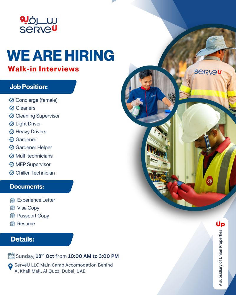 Multiple Positions walk-in interview at ServeU LLC in Dubai