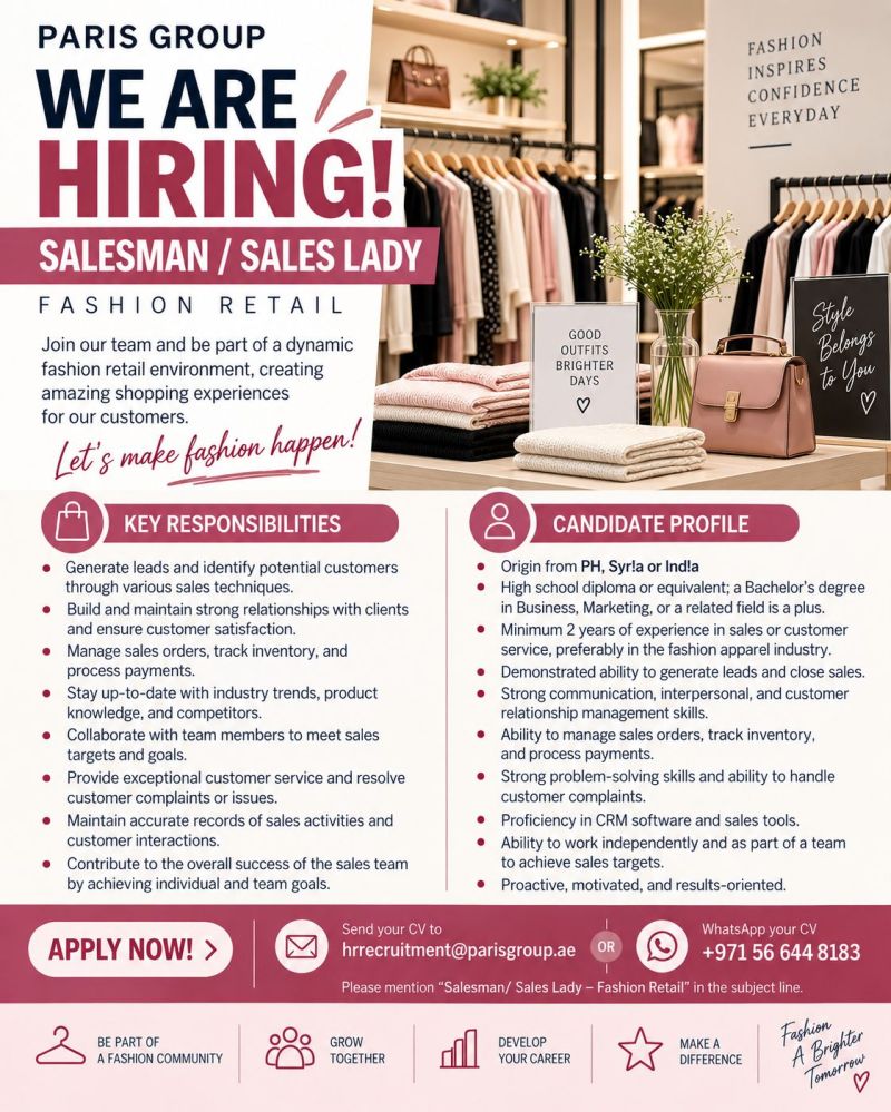 Salesman / Sales Lady job at PARIS GROUP in UAE