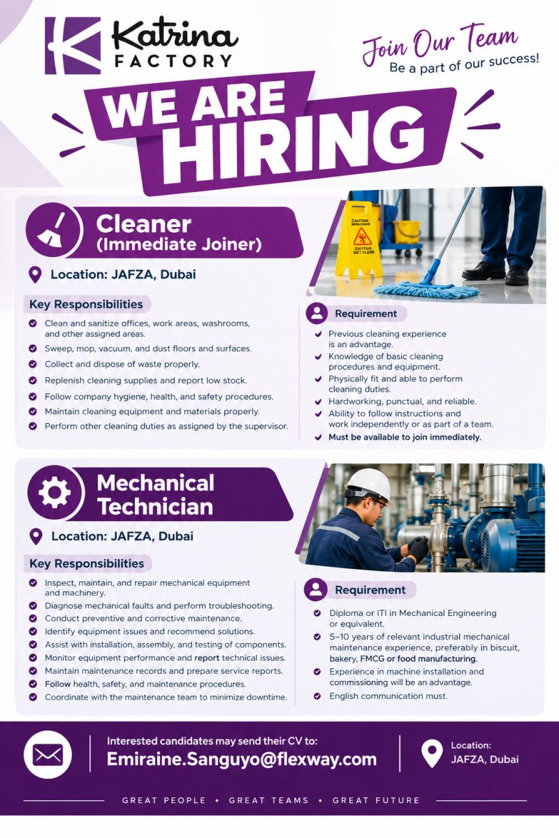 Cleaner and Mechanical Technician job at Katrina Factory in JAFZA, Dubai