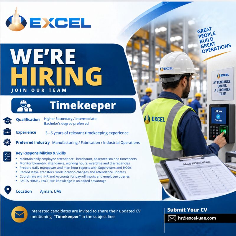 Timekeeper job at Excel in Ajman, UAE