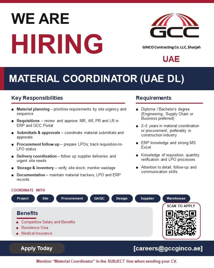 Material Coordinator job at GINCO Contracting Co. LLC in Sharjah, UAE