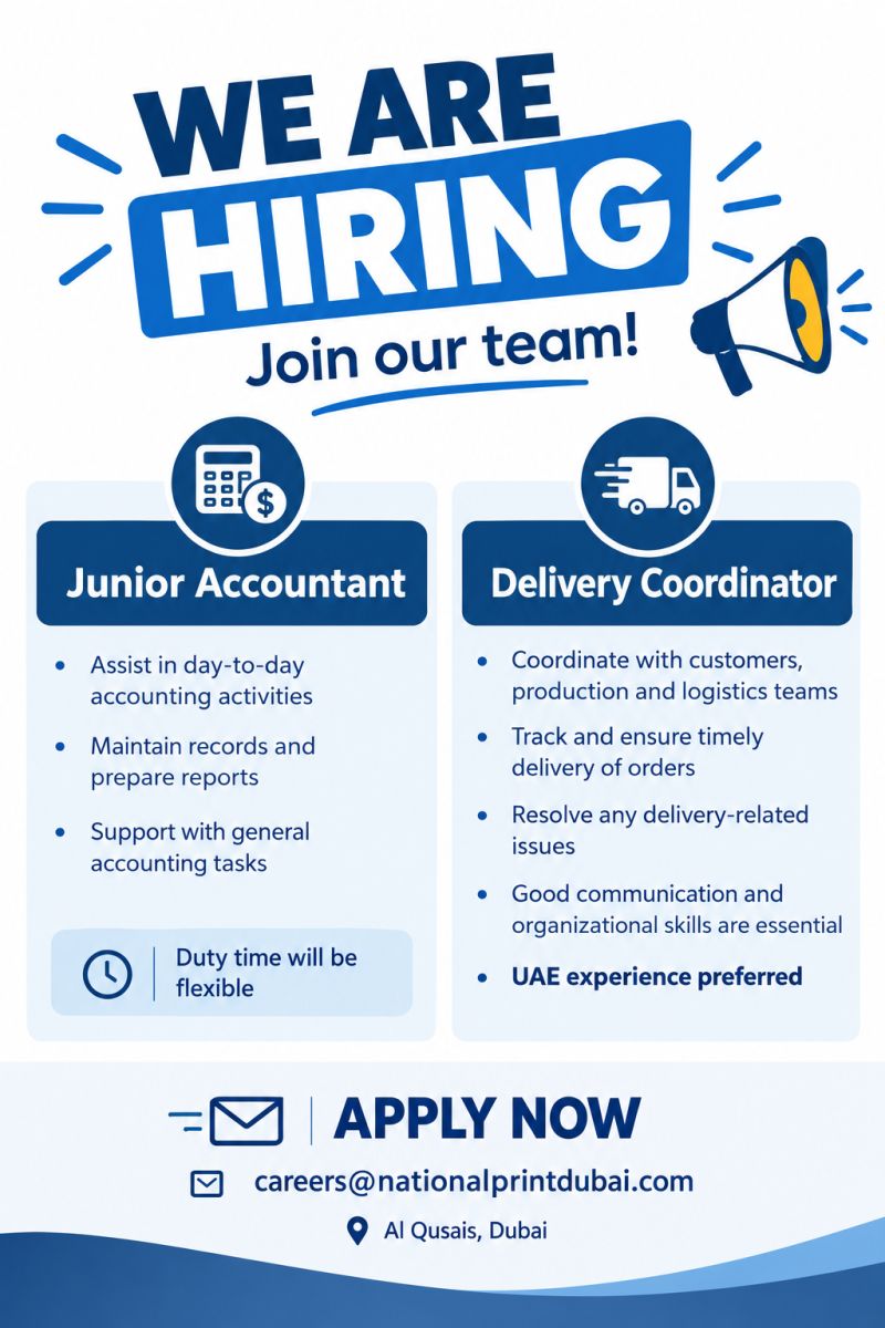 Junior Accountant and Delivery Coordinator job at National Print Dubai in Al Qusais, Dubai