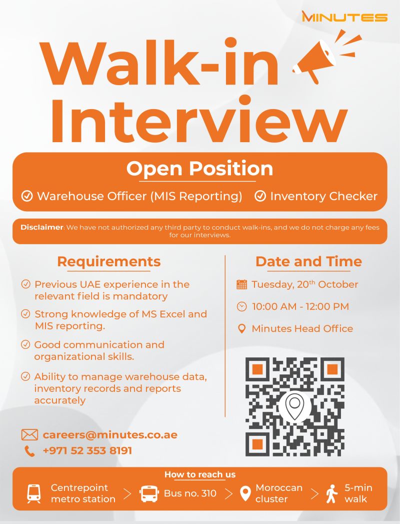 Warehouse Officer walk-in interview at Minutes in UAE