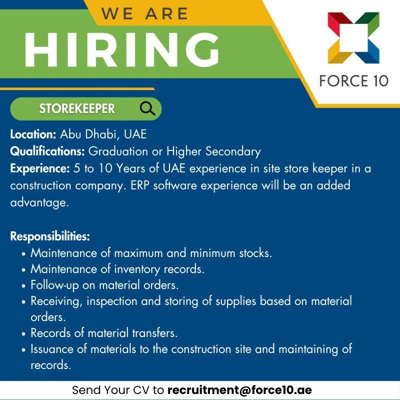 Storekeeper job at Force 10 in Abu Dhabi, UAE
