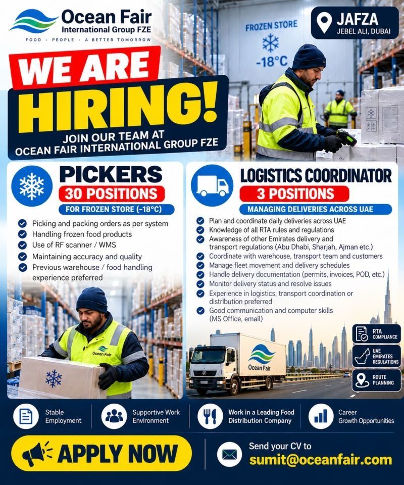 Pickers and Logistics Coordinator job at Ocean Fair International Group FZE in JAFZA, Jebel Ali, Dubai