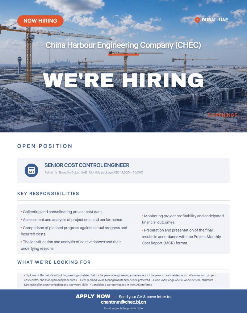 Senior Cost Control Engineer job at China Harbour Engineering Company (CHEC) in Dubai