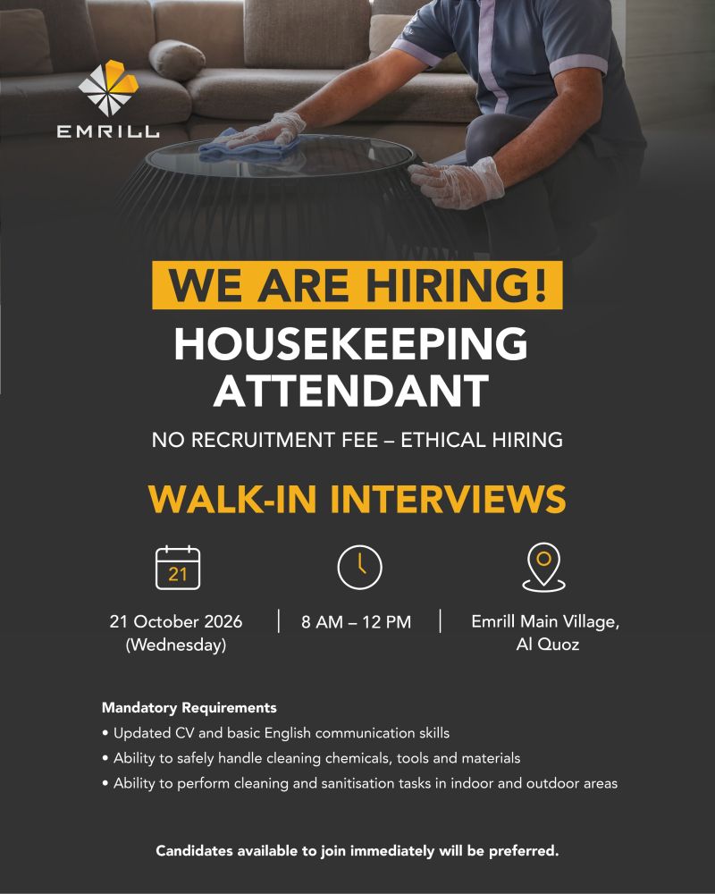 Housekeeping Attendant walk-in interview at Emrill in Dubai
