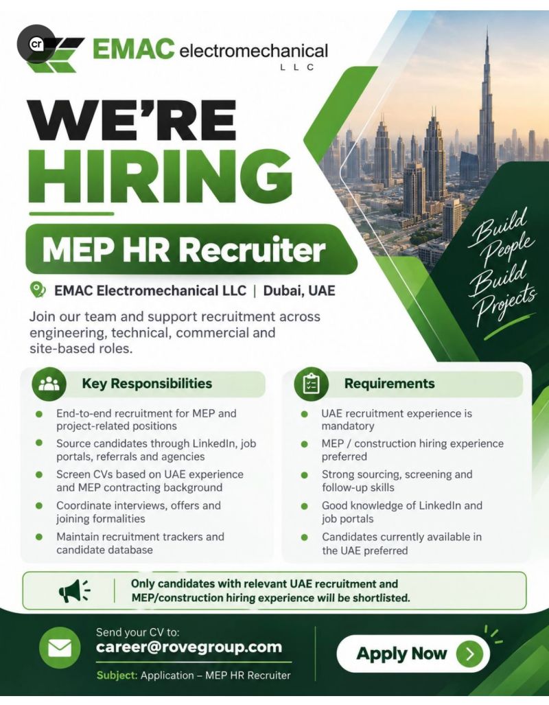 MEP HR Recruiter job at EMAC Electromechanical LLC in Dubai, UAE