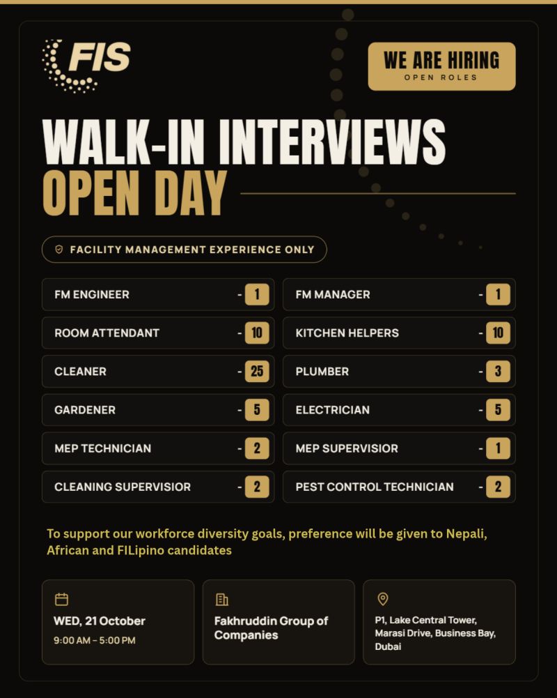 FM Engineer walk-in interview at Fakhruddin Group of Companies in Dubai