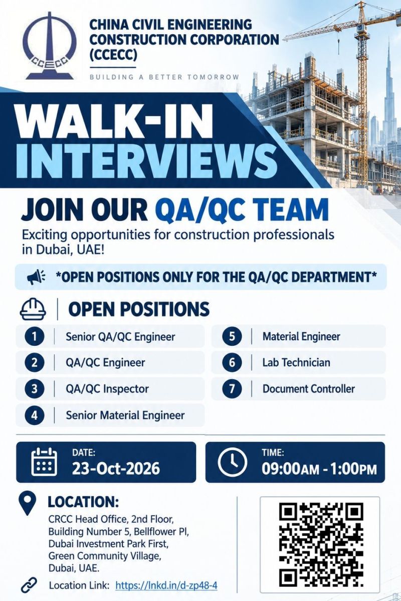 QA/QC Engineer walk-in interview at China Civil Engineering Construction Corporation (CCECC) in Dubai
