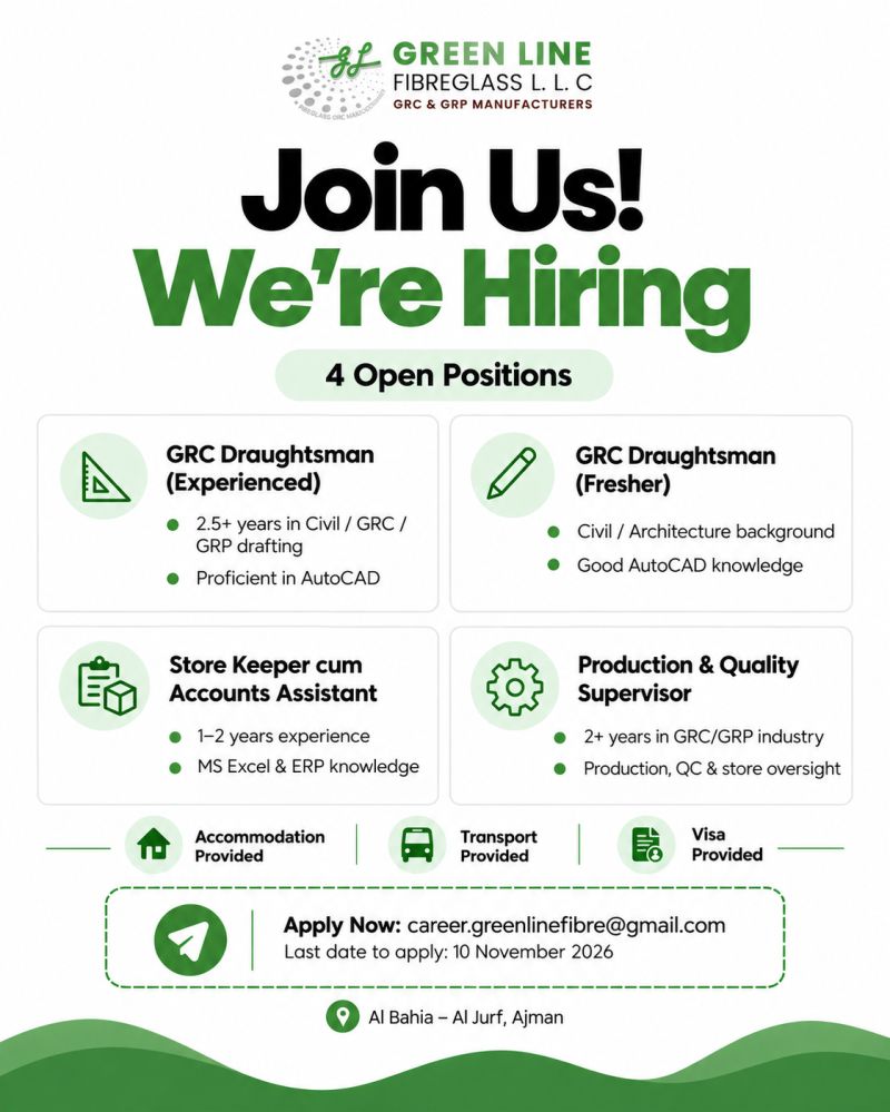 GRC Draughtsman job at Green Line Fibreglass L.L.C in Al Bahia - Al Jurf, Ajman