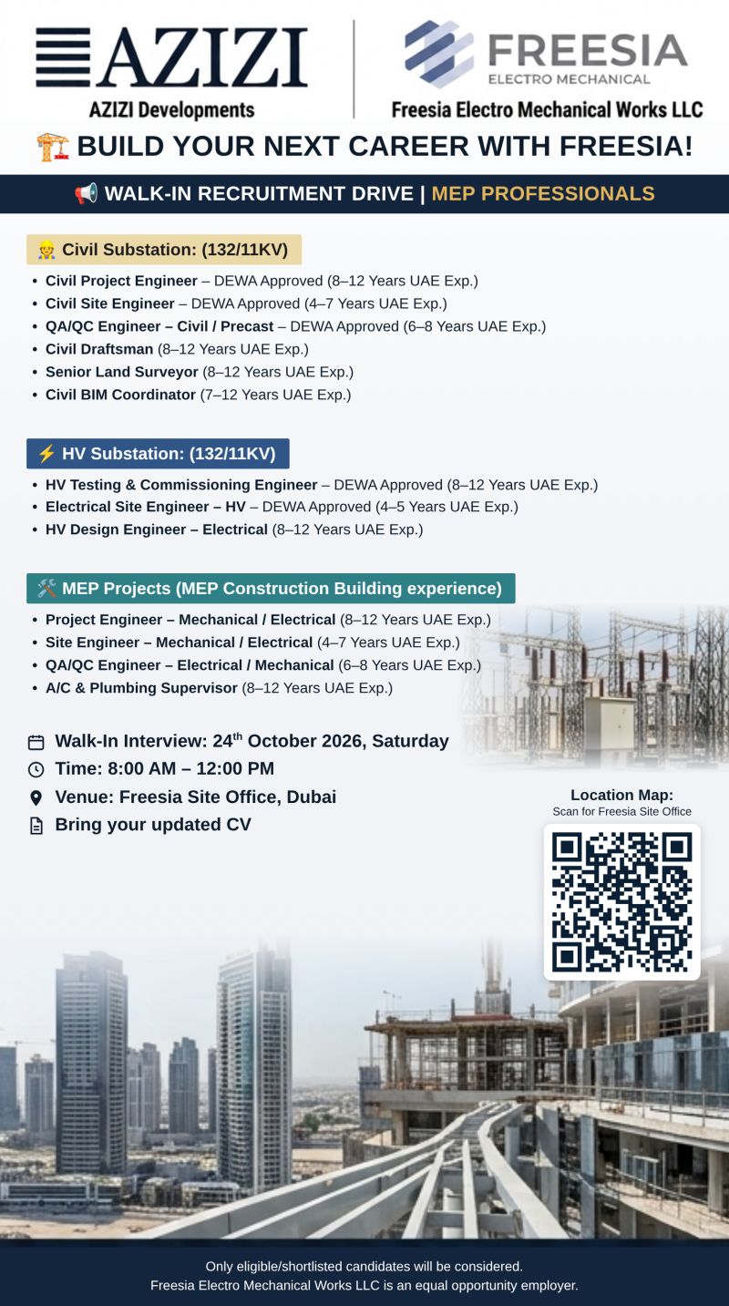 MEP Professional walk-in interview at Freesia Electro Mechanical Works LLC in Dubai